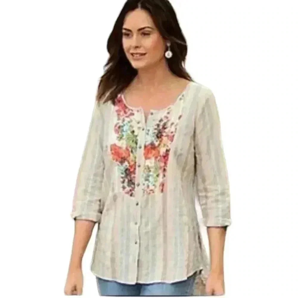 Soft Surroundings Floral Stripe Button Front Blouse Mixed Print